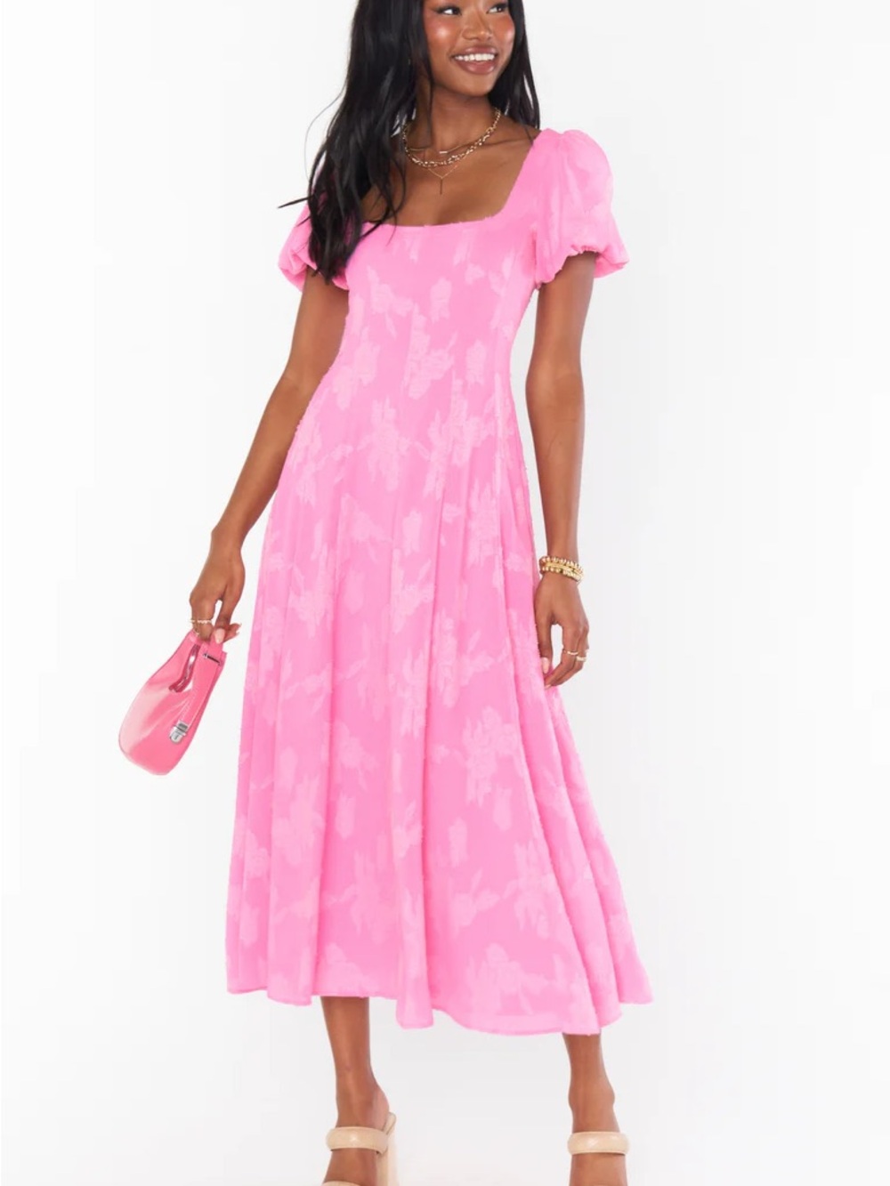 Show Me Your MuMu Mia Pink Clip Floral Square-Neck Puff Sleeve Midi Dress NWT